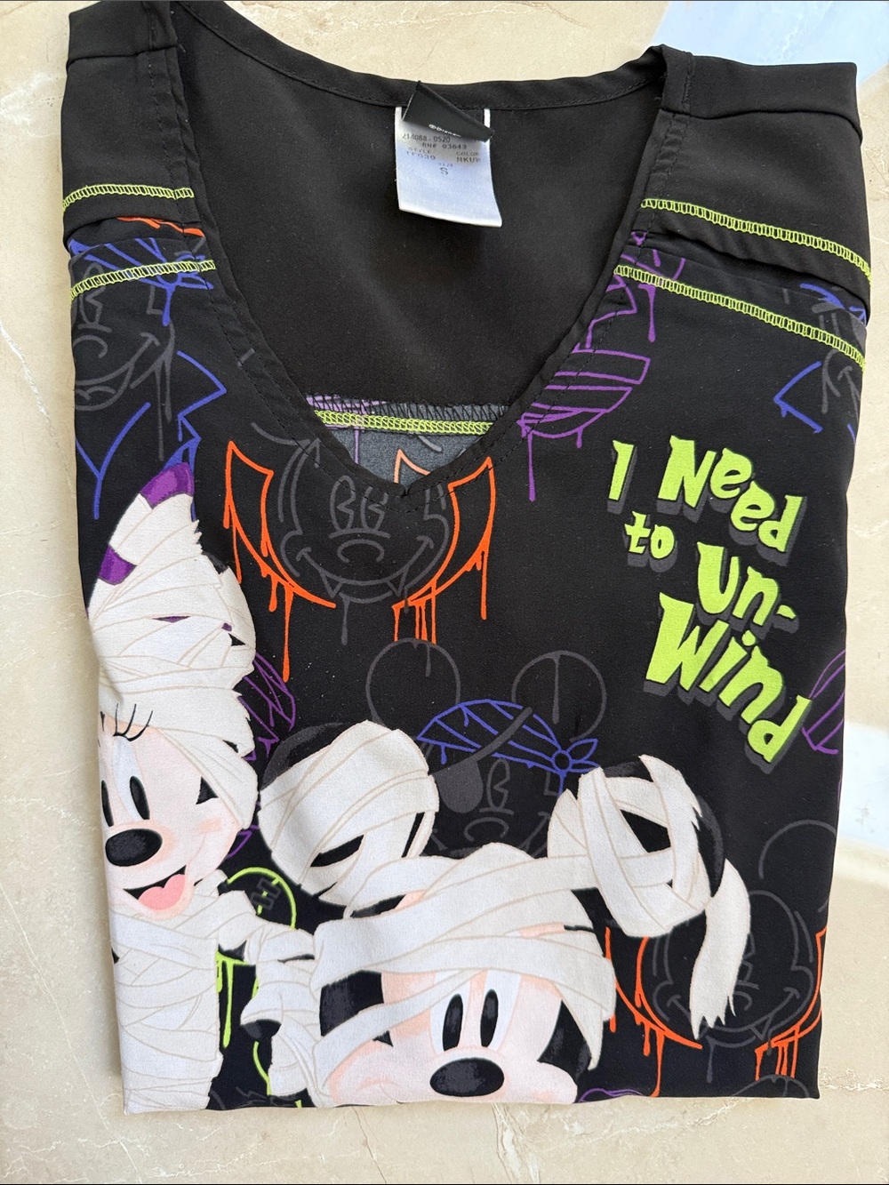 Disney Black Halloween Mummy Mickey & Minnie Tee with Neon Green Accents